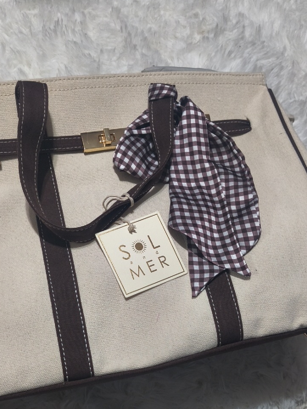 Nwt Large Brown Canvas Tote Bag With Brown Trim